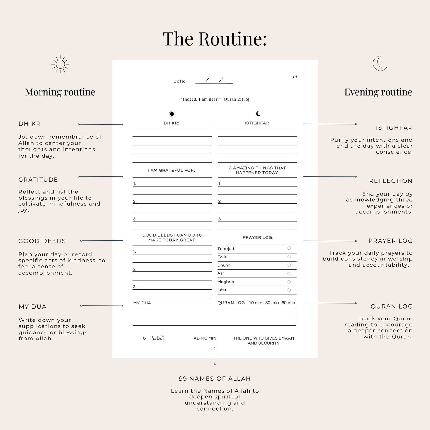 Guided Islamic planner for daily self-reflection and gratitude. A thoughtful gift for reverts or Ramadan spiritual resets.