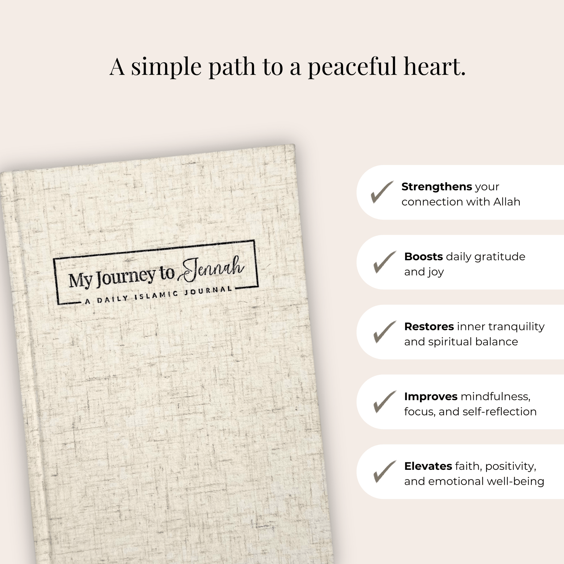 Undated Islamic self-care journal with guided prompts for reflection, sabr, tawakkul, and daily intention setting.