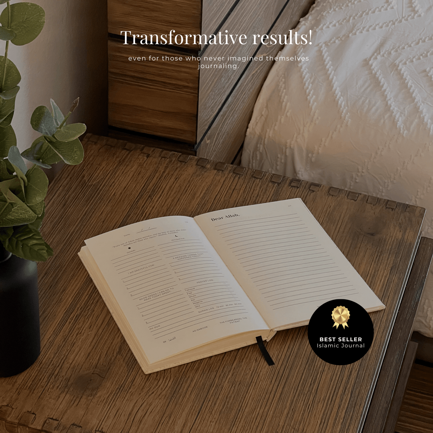 Reconnect with Allah through daily journaling in this linen Islamic notebook with 5-minute guided prompts for happiness.