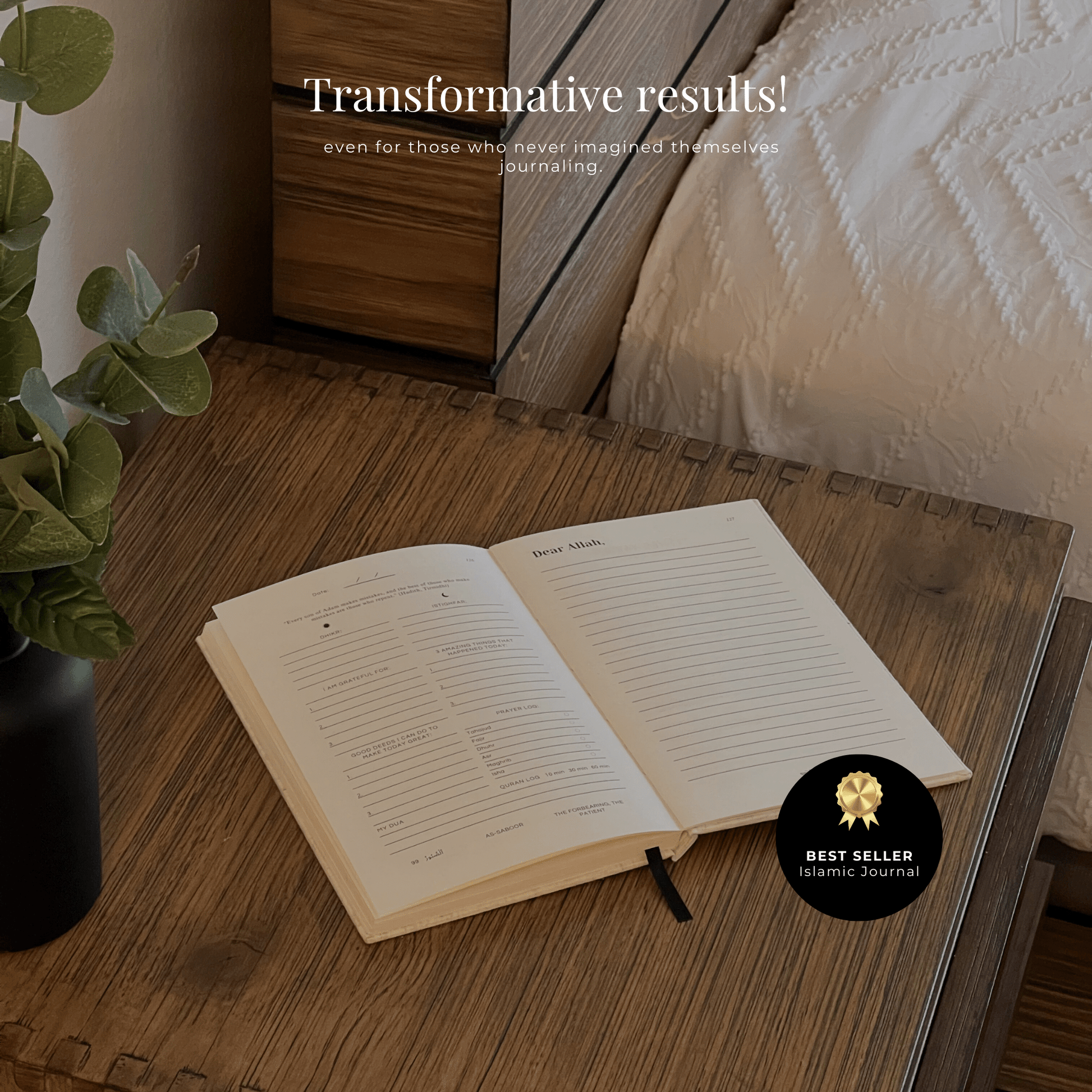 Reconnect with Allah through daily journaling in this linen Islamic notebook with 5-minute guided prompts for happiness.