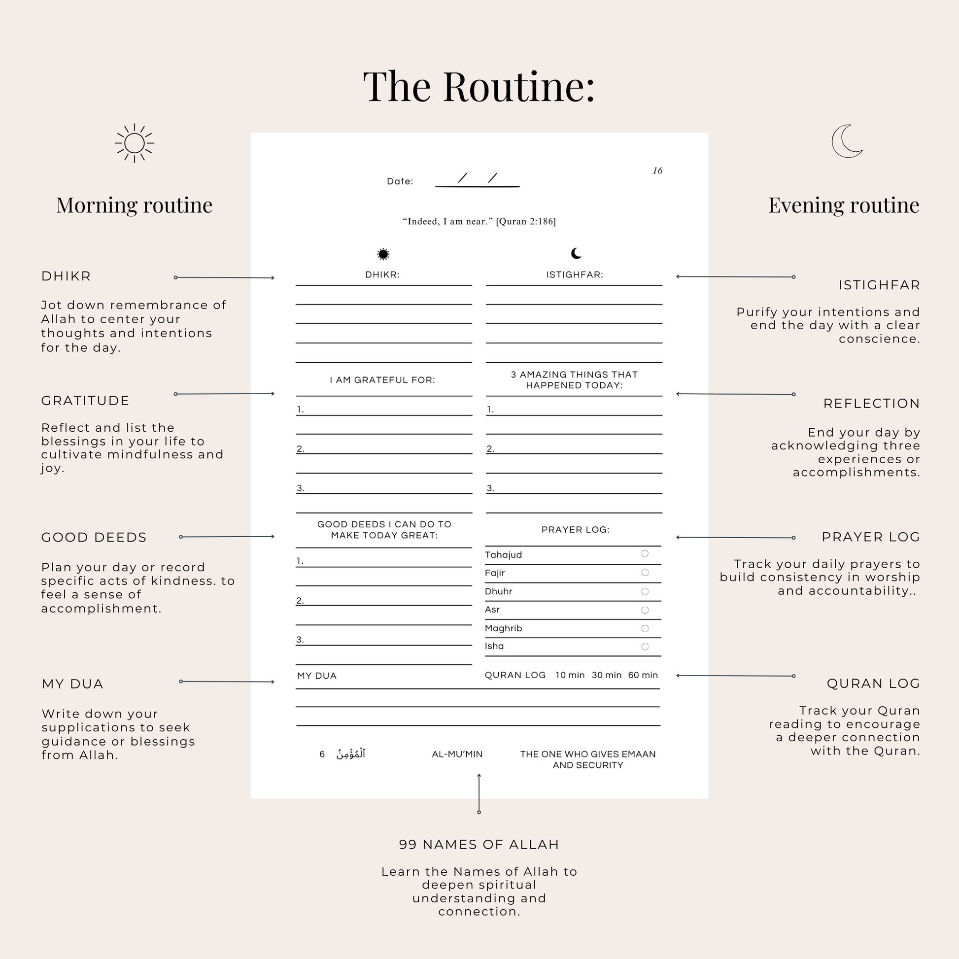 Guided Islamic planner for daily self-reflection and gratitude. A thoughtful gift for reverts or Ramadan spiritual resets.